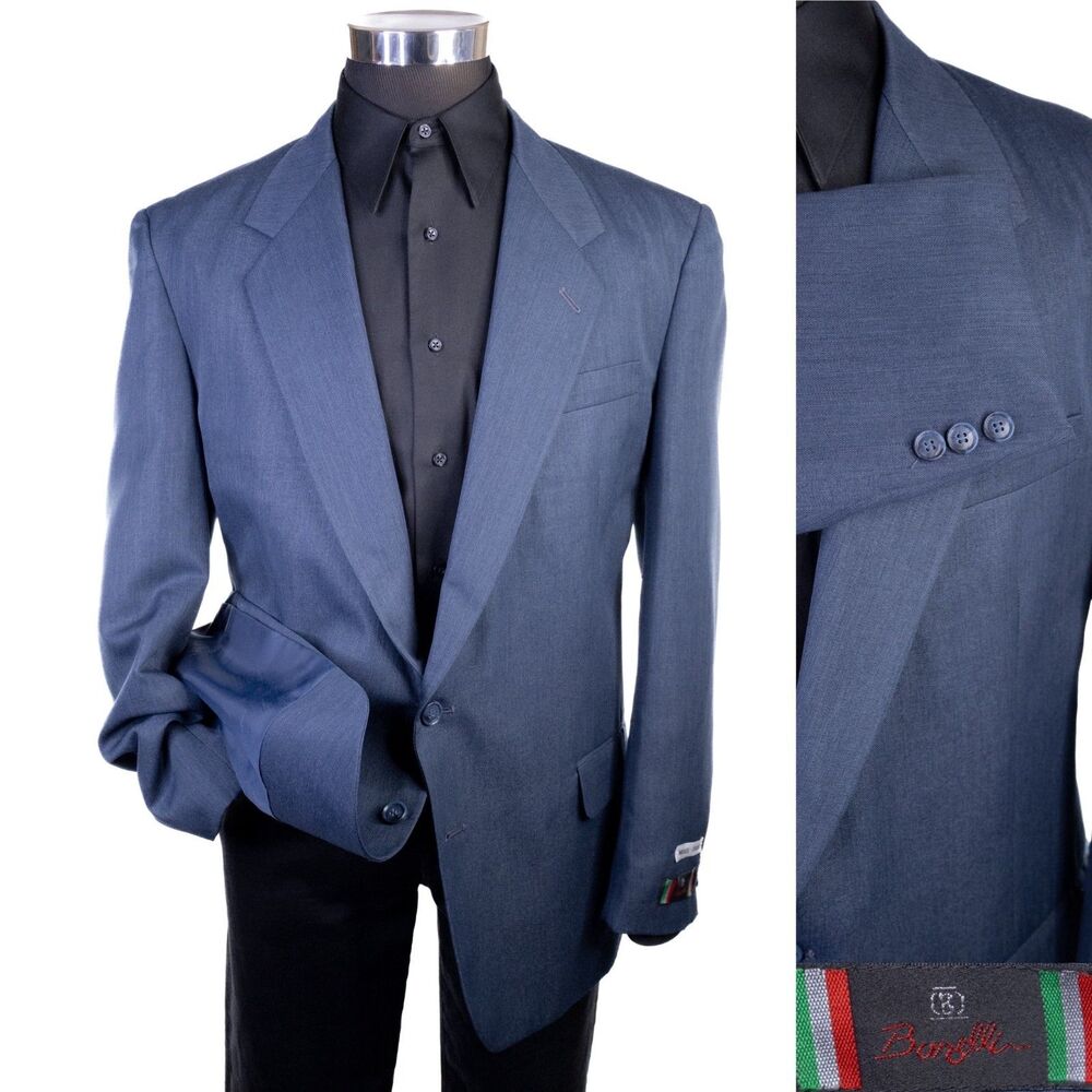 Bonelli Blazer Sport Coat Size 44R Two Button Jacket Solid Blue Poly Blend